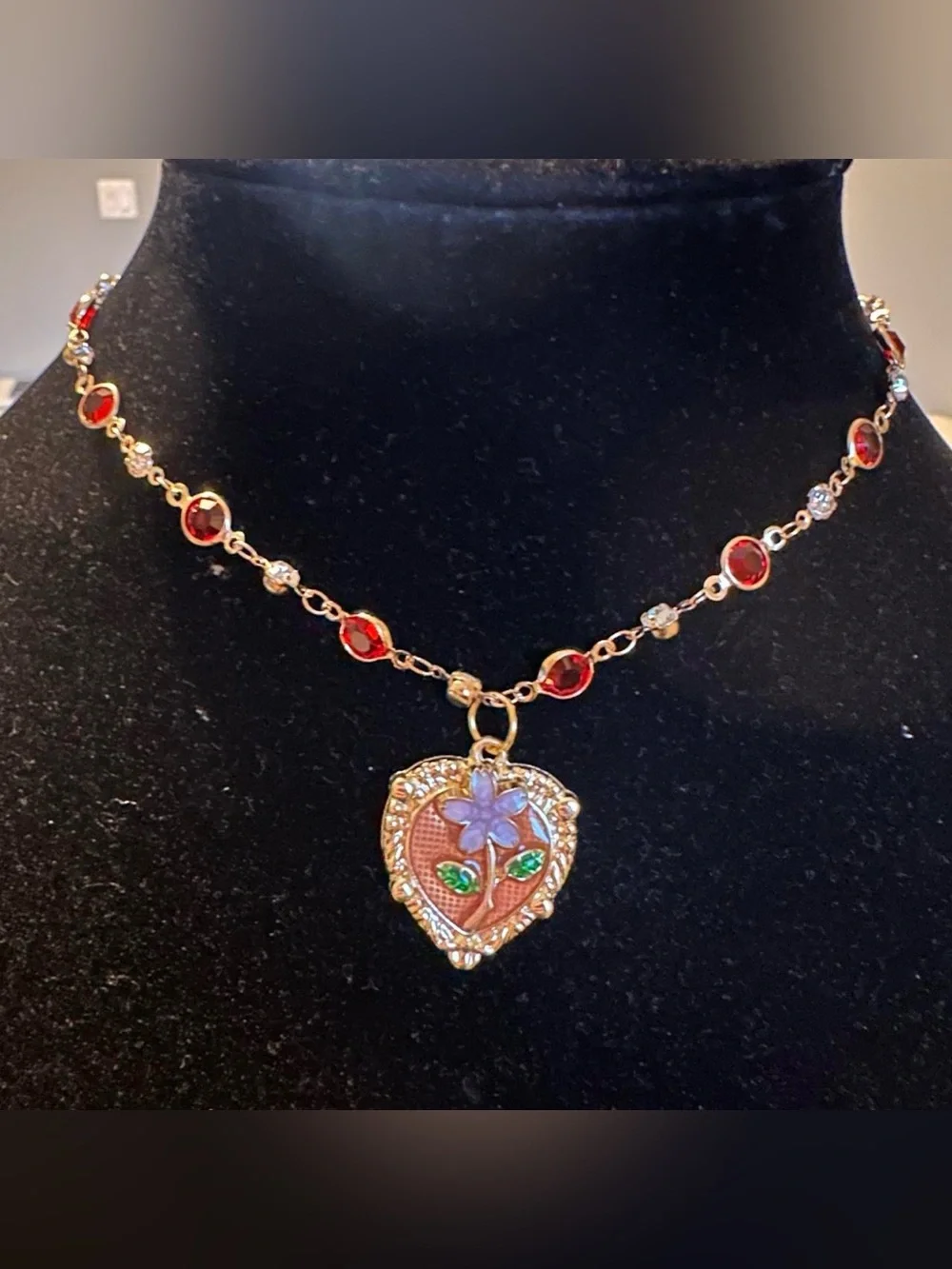 Self made 18K gold plated chain, vintage flower oil painting necklace.